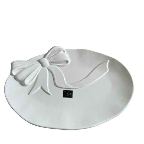 Handmade in Italy Embossed White Bow Ceramic Serving Platter 12x16 Oval NEW - Picture 7 of 16